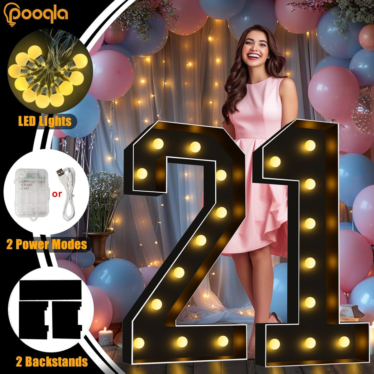 Pooqla 4 FT Light Up Marquee Numbers, Black Marquee Number Lights 4 Feet Tall for 6th 16th 60th