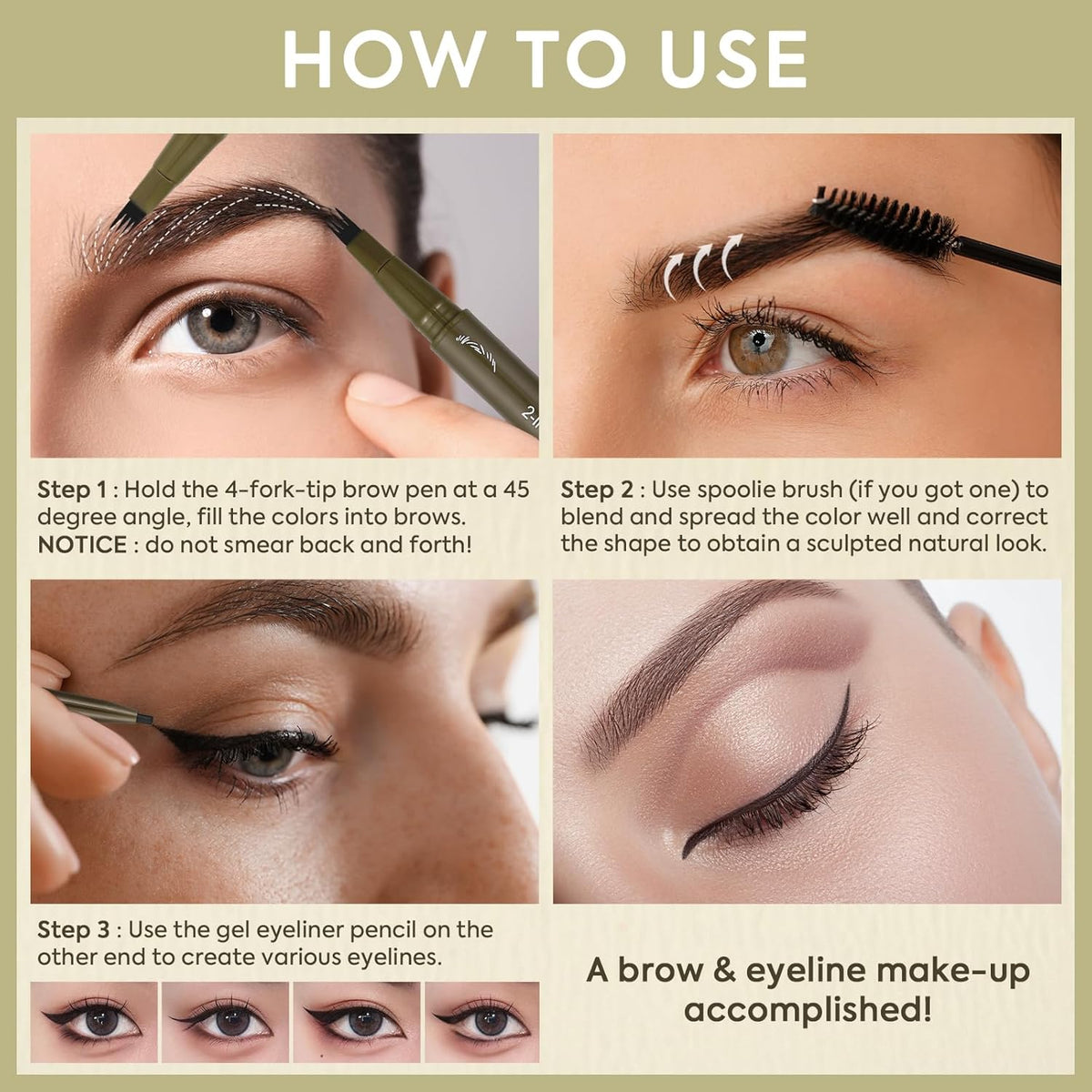 UCANBE Eyebrow Pen, Dual-Ended Eyebrow Pencil with 4-Fork-Tip & Gel Eyeliner for Women, Eye Brow