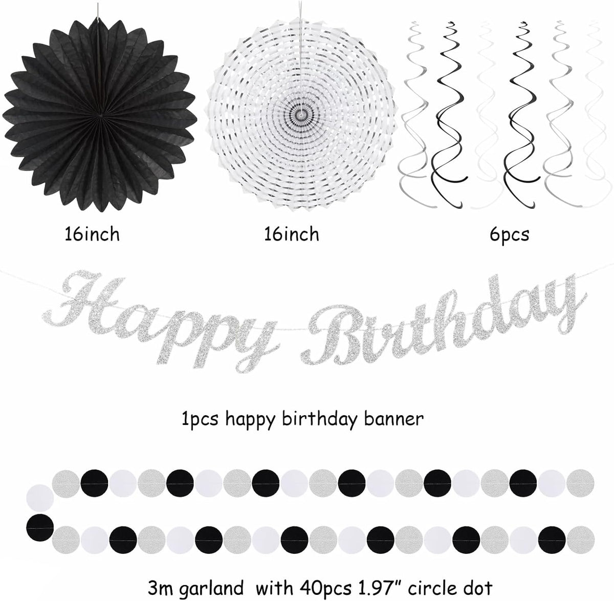 Black White Silver Birthday Party-decorations - 21pcs Boys Men Happy Banner,Paper Streamers