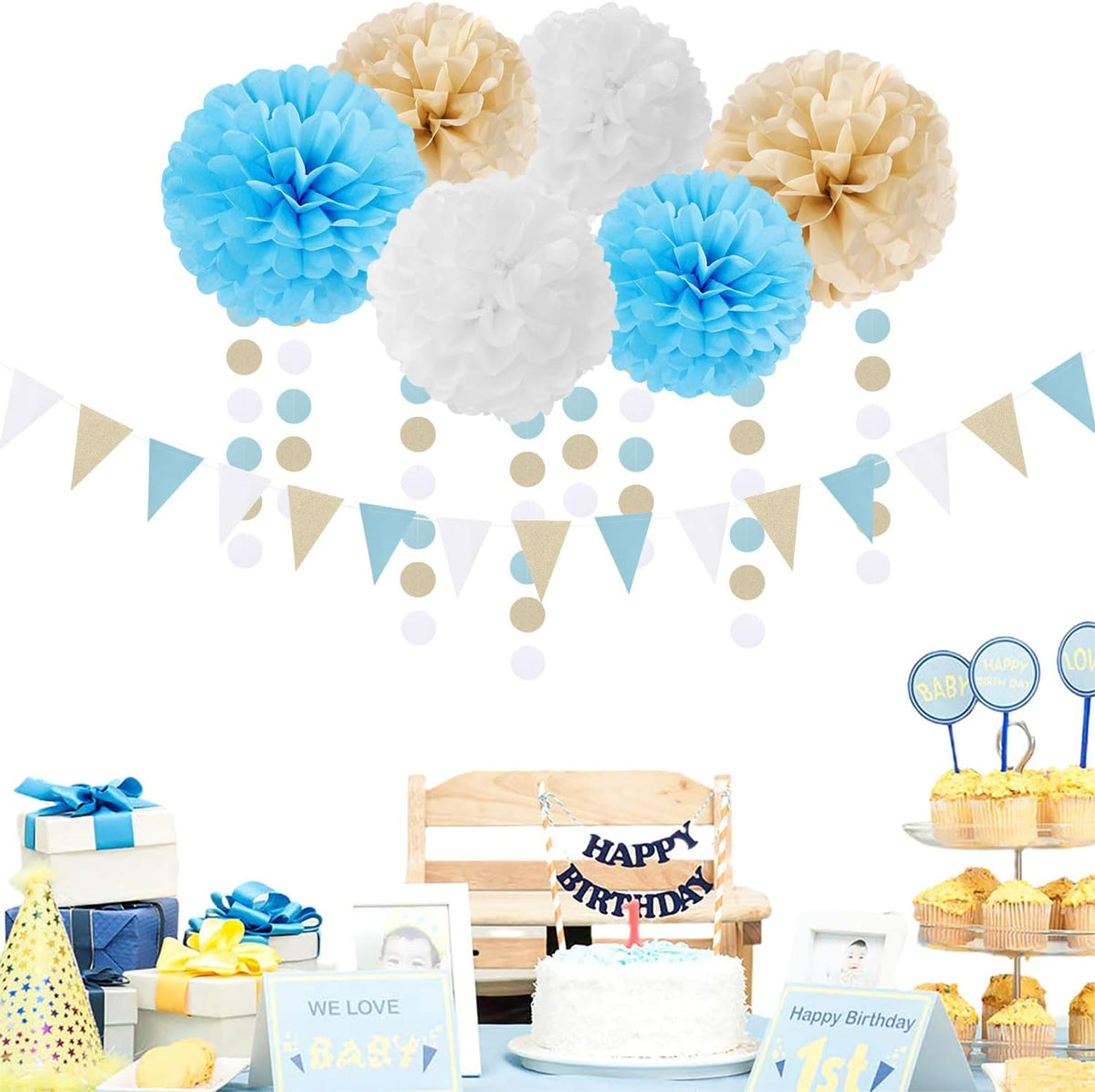 Light-Blue White Boho Champagne-Gold Party-Decorations - 23pcs Boy Birthday Baby Shower Paper