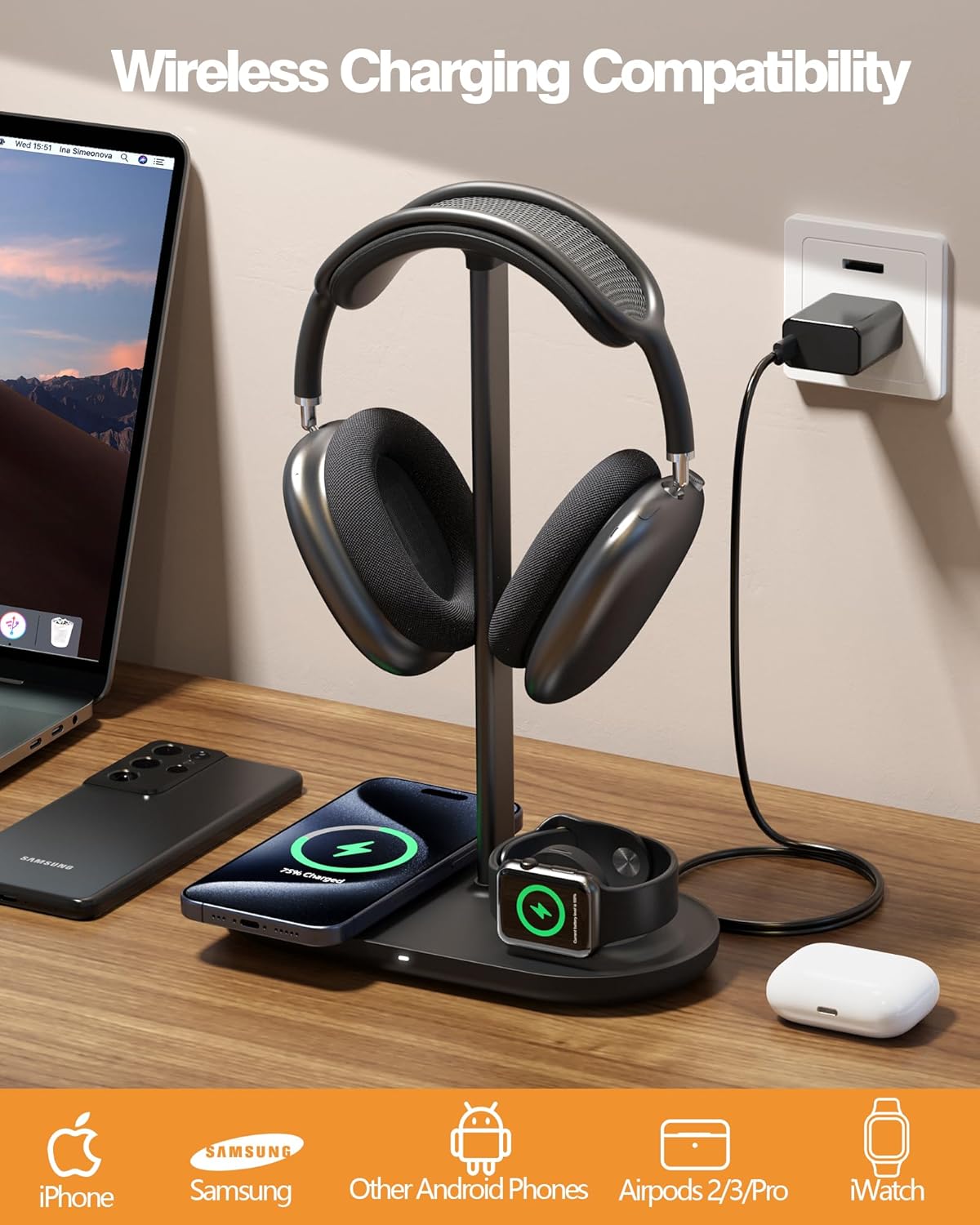 HiWe Universal Headphone Stand, Magnetic Wireless Charger for iPhones/AirPods/iWatch, Aluminum