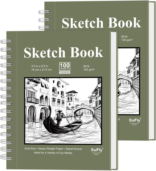 SuFly Small Sketch Book 5.5"x8.5", 2-Pack Mini Sketchbook, Spiral Bound Sketchbook Hardcover with