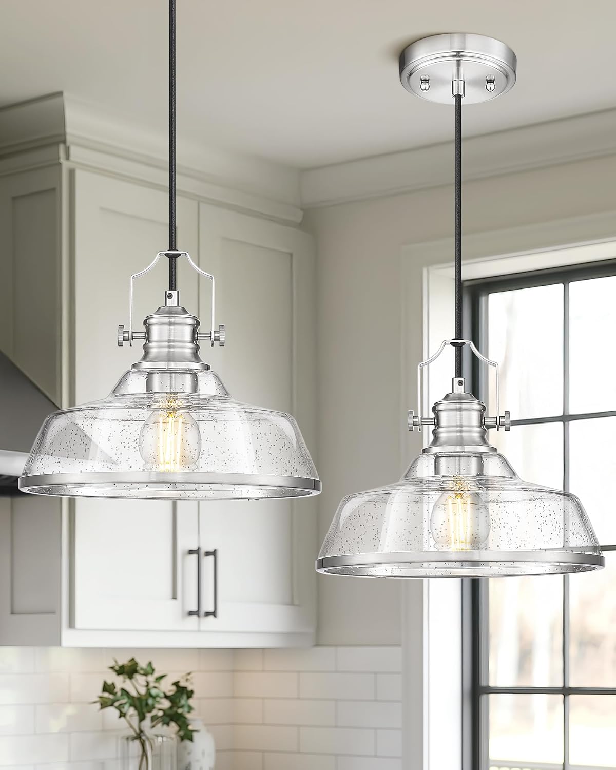 kudos Brushed Nickel Pendant Lights Kitchen Island, Large Pendant Light with Seeded Glass