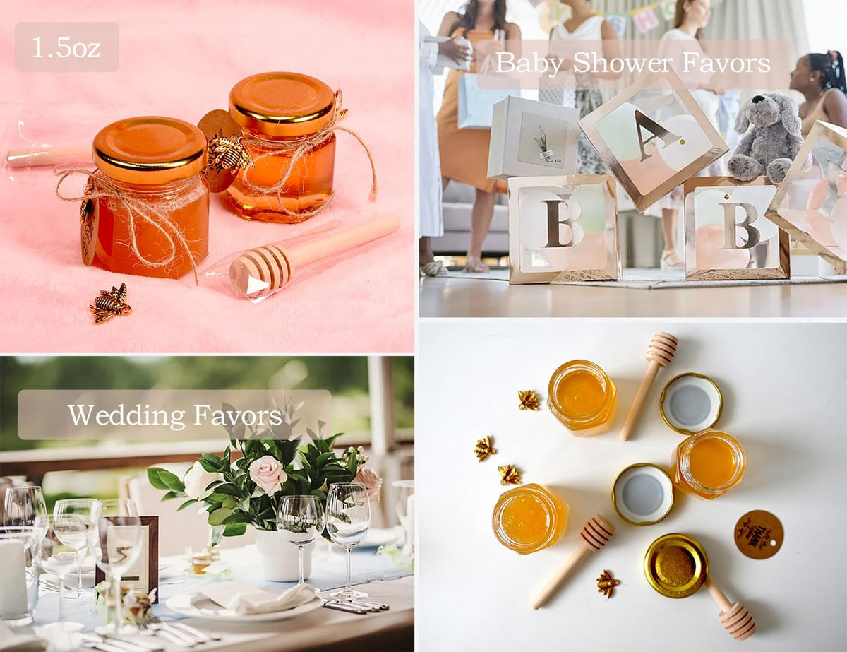 Mini Honey Jars - Hexagon Little Glass Honey Jar with Gold Lids, Wooden Dippers, Bee Charms and