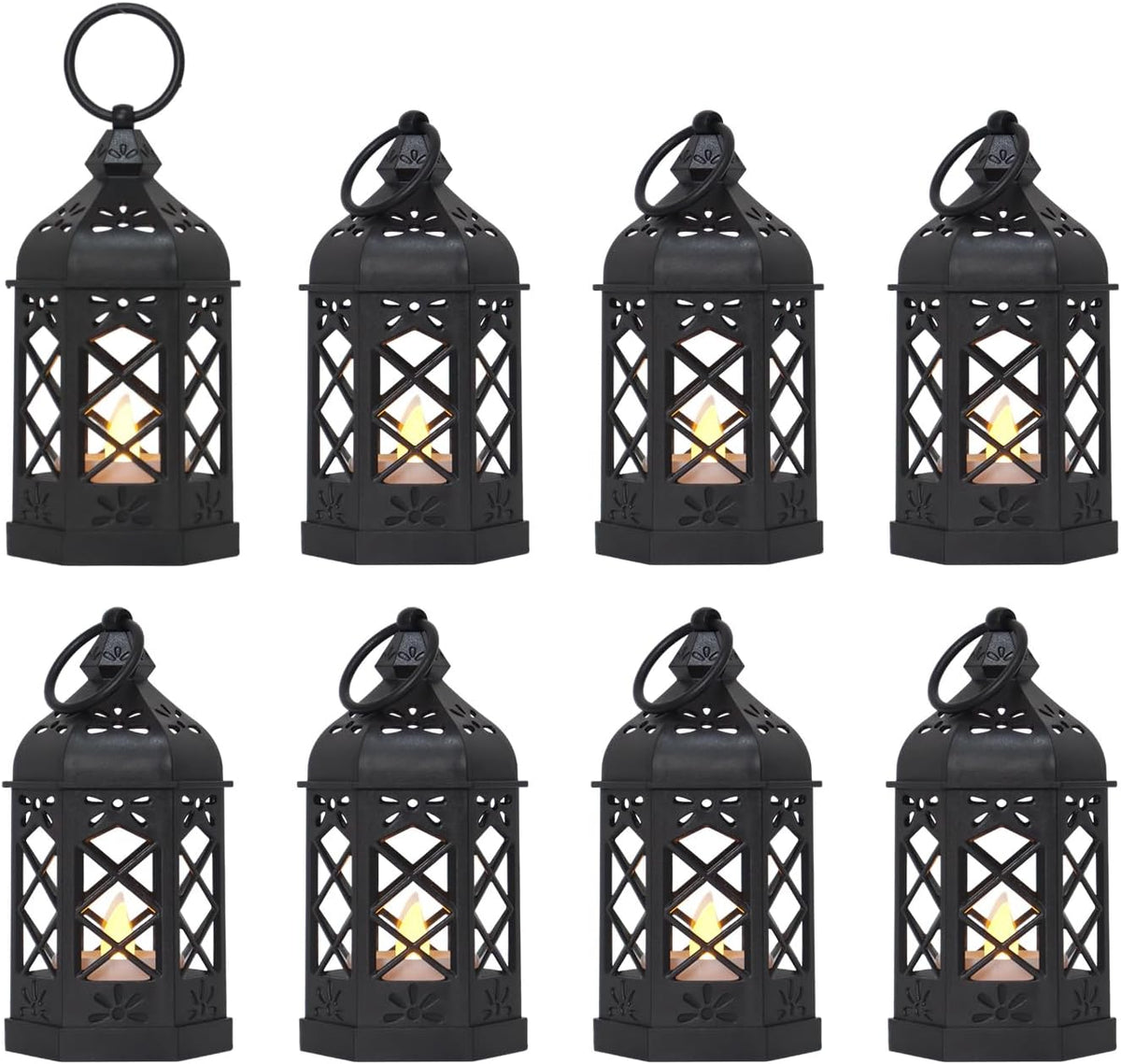 LLQ (8Pack-5Inch) Mini Lantern with Flickering LED Candle for Table Centerpiece, Black Halloween