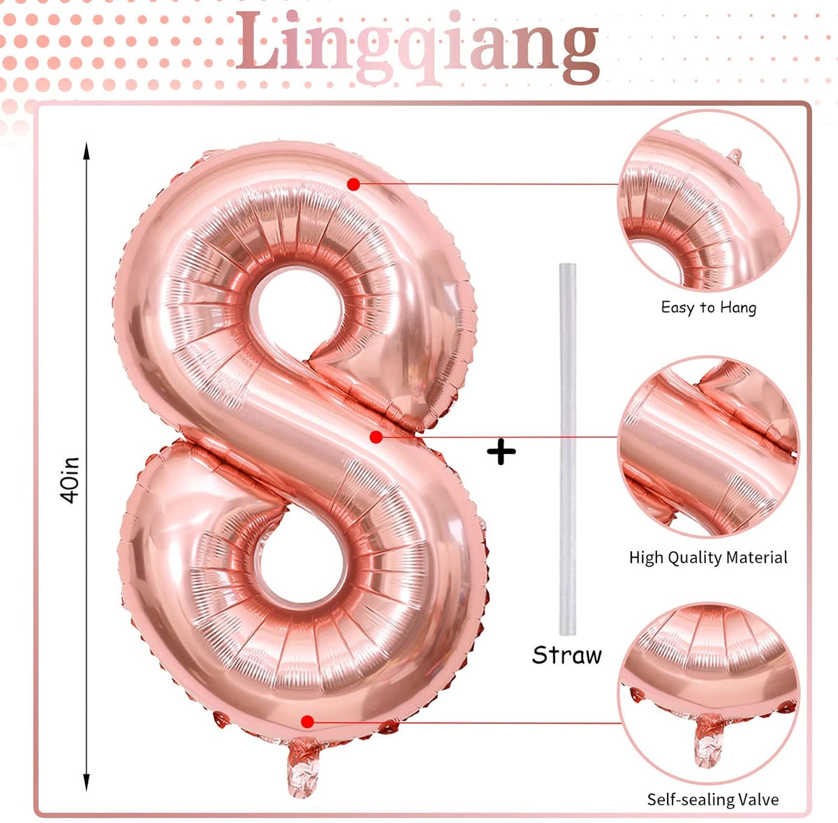 Rose Gold 8 Balloons, 40 Inch Large Foil Number Balloons Set 0-9, Self Inflating Digital 8 Helium