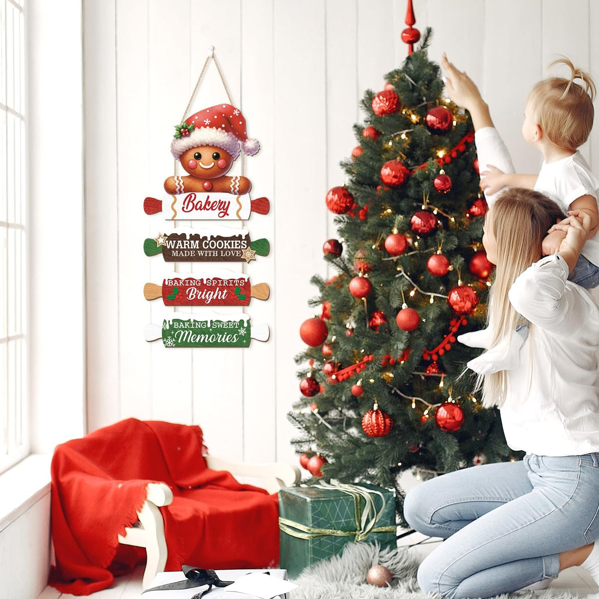 CHDITB Wooden Gingerbread Bakery Christmas Door Hanger, Rustic Christmas Wall Hanging Sign with