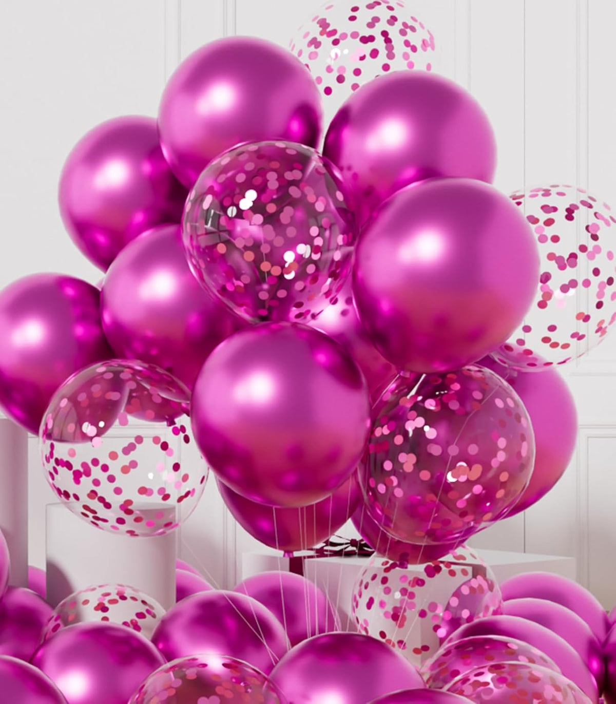 AULE Party Balloons Pack of 42 - Metallic Chrome Hot Pink Balloons and Hot Pink Confetti Latex