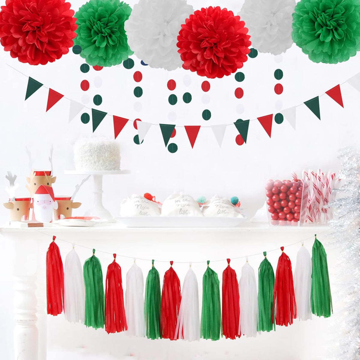 Red-Green White Party-Decorations - 23pcs Mexico Italy Tissue Pom Poms Streamers,Tassel Garland