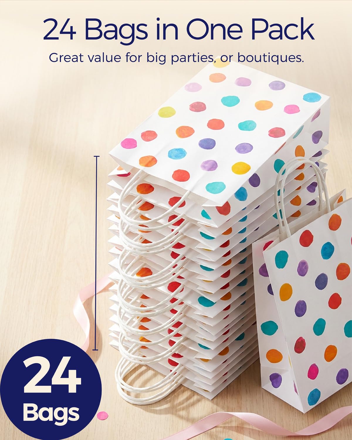 SUNCOLOR 24 Pack Small Paper Gift Bags, Colorful Polka Dot Design, 8.7 x 6.3 x 3.15 Inch, with