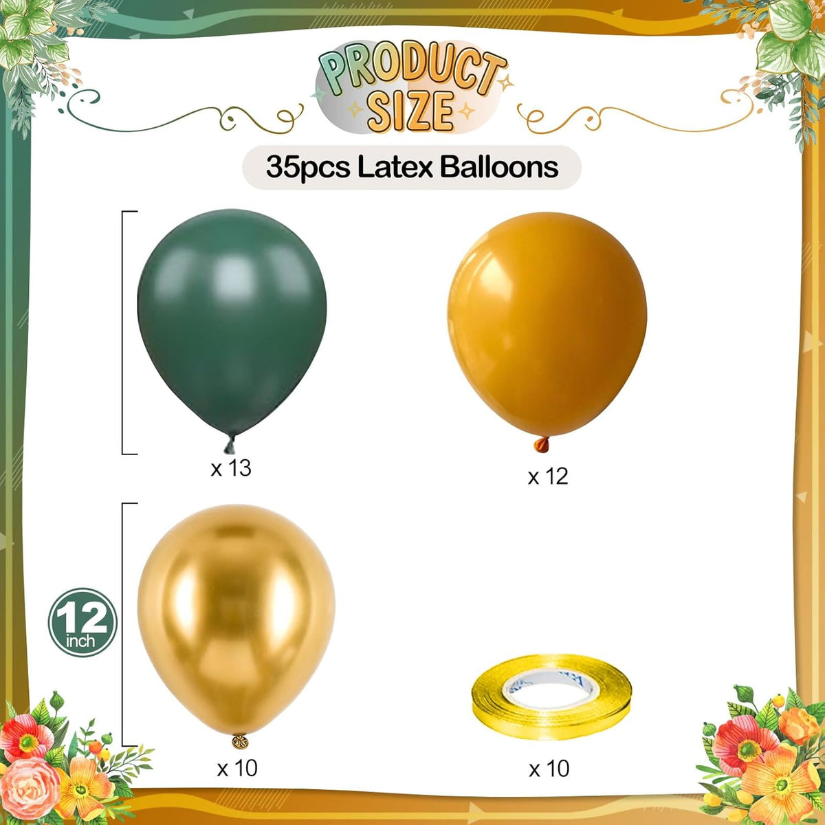 Green Yellow Gold Balloons, 12 Inch Dark Emerald Green Yellow Balloons, Sage Green Metallic Gold