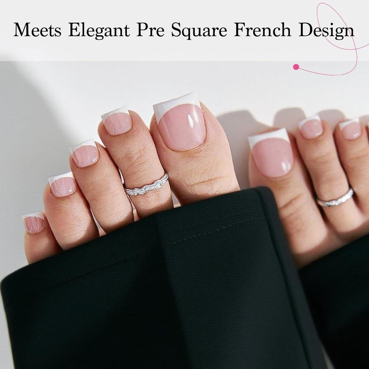 Press On Toenails for Women French Tips, Sharp Square Pre-applied Primer & Base Coat Toe Nail Press