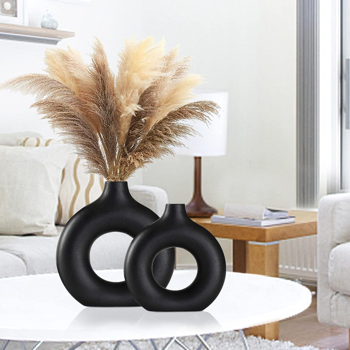 Black Ceramic Vase for Modern Home Decor, Round Matte Pampas Flower Vases Minimalist Nordic Boho