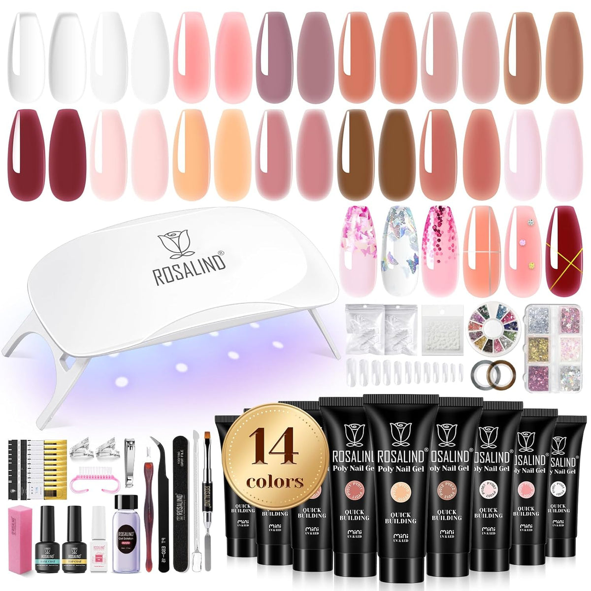 ROSALIND Poly Nail Gel Kit -14 Colors +72 Nail Art Accessories kit Clear Nude Poly Nails Gel Kit