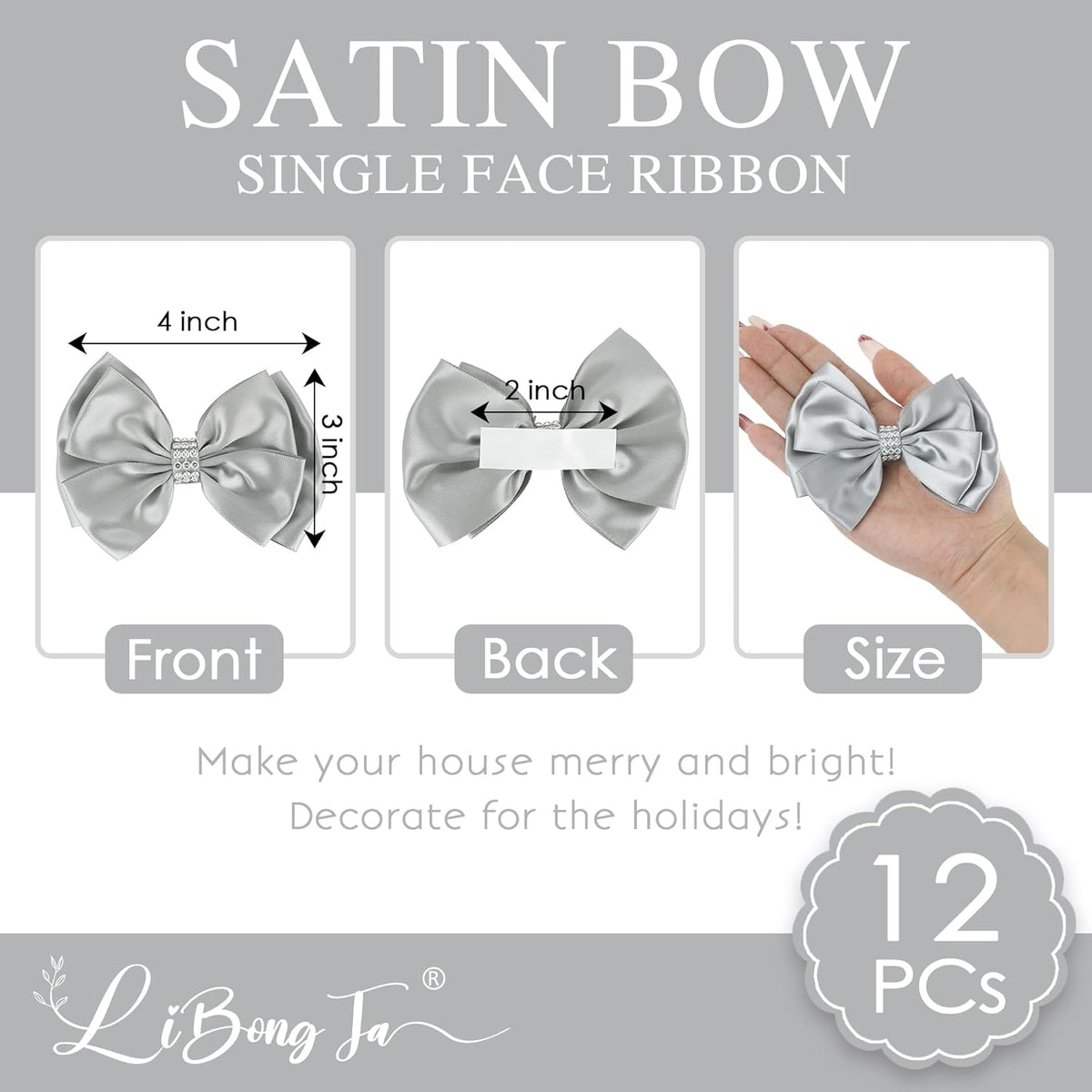 Silver Satin Bows 4'' Premade Ribbon Bow, Silver Gift Bows with Rhinestone, Wrapping Bows for