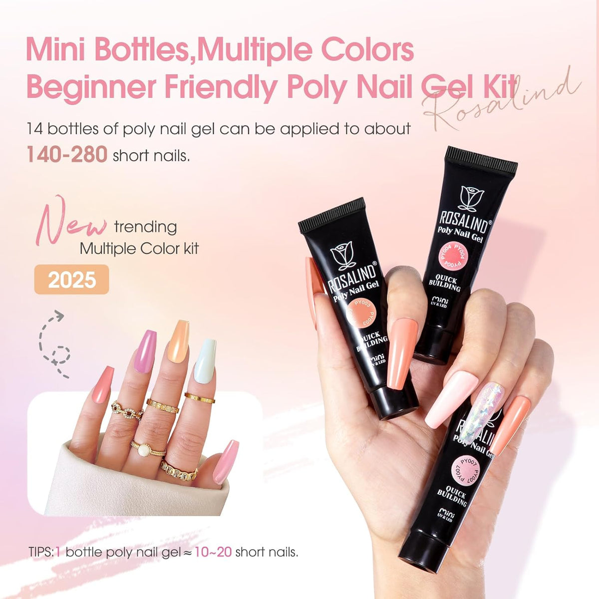 ROSALIND Poly Nail Gel Kit -14 Colors +72 Nail Art Accessories kit Nude Pink Poly Nails Gel Kit