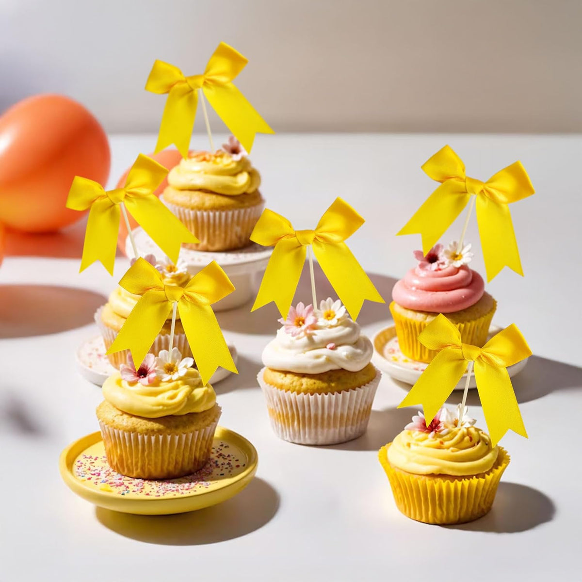Gyufise 24Pcs Bow Cupcake Toppers Coquette Bow Girls Birthday Cake Decorations Bowknot Cake Toppers