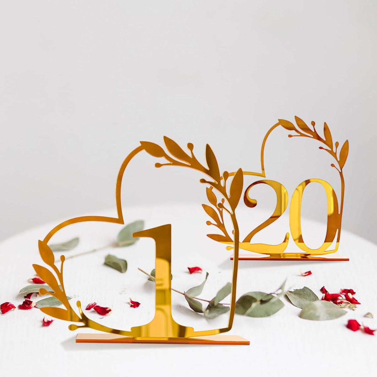 Gold Acrylic Heart-Shaped Table Numbers 1-20 for Weddings, Anniversaries, Parties, Birthdays