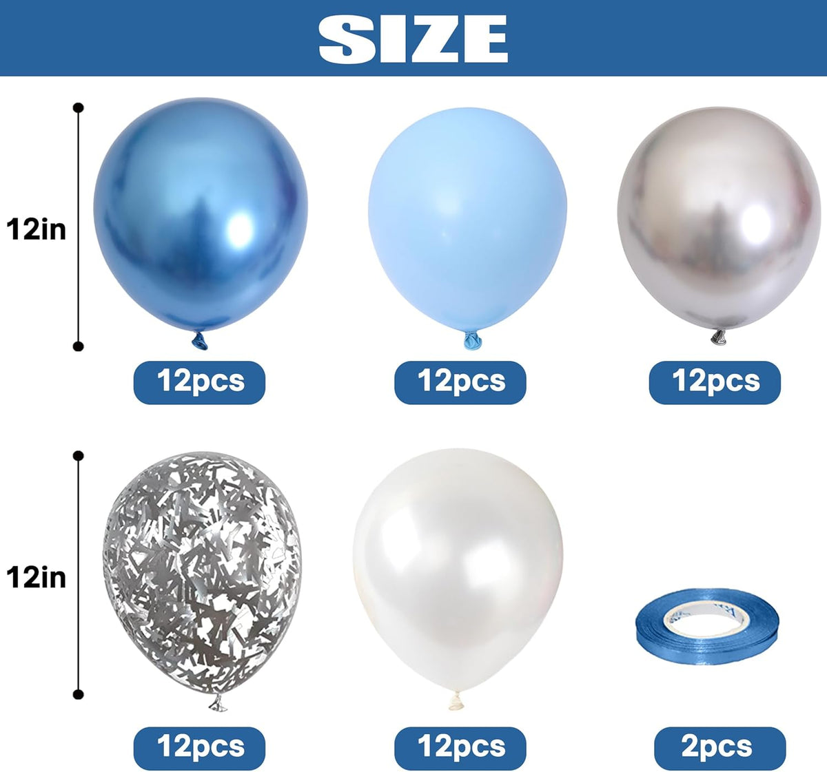 Togvu Metallic Blue Silver Balloons, 60 Pcs 12 Inches Chrome Blue White Balloon with Silver