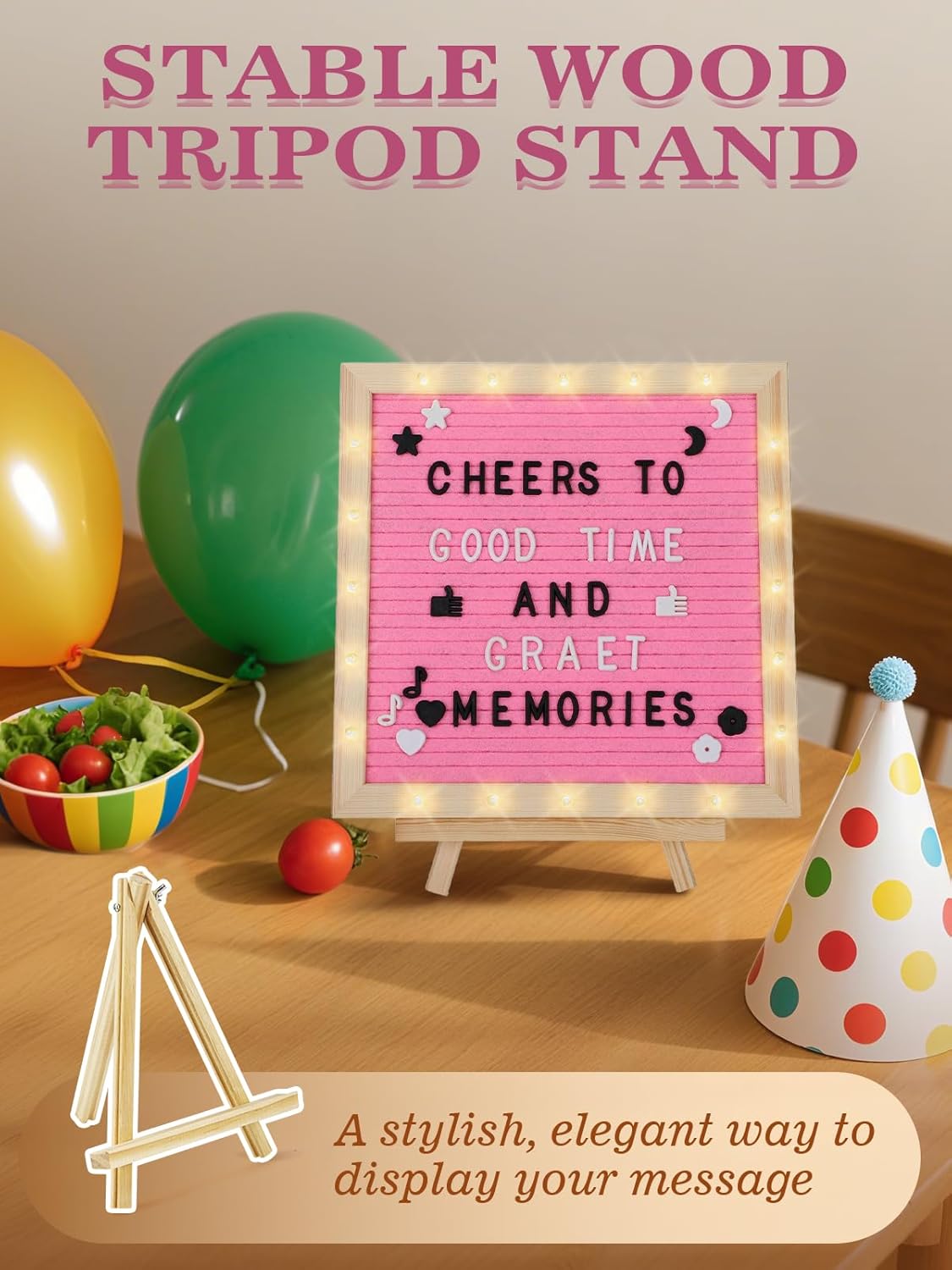 Light up Changeable Felt Letter Board Sign with LED Lights - 10×10" Message Board& Wood Stand& 450