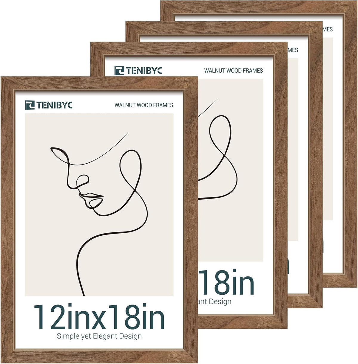12x18 Frame Set of 4, Brown Grain, Walnut Wood & HD Tempered Glass, 12x18 Poster Picture Frame