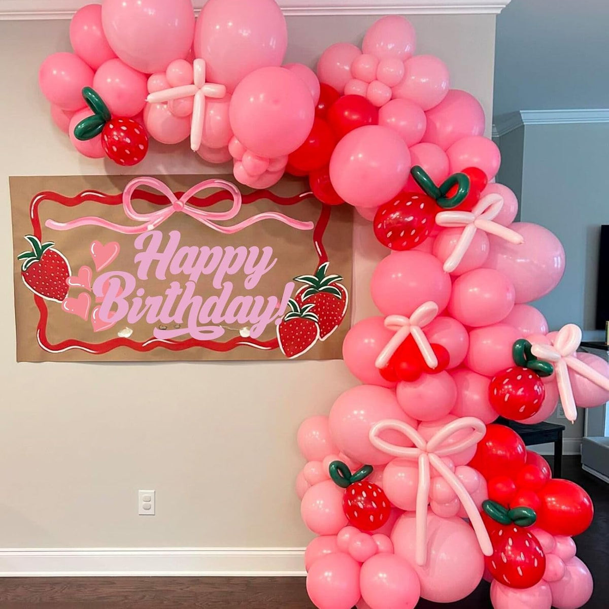 Strawberry Theme Balloons, 52 PCS 12 Inch Red Pastel Pink Pearl Pink Balloons With Polka Dot Latex