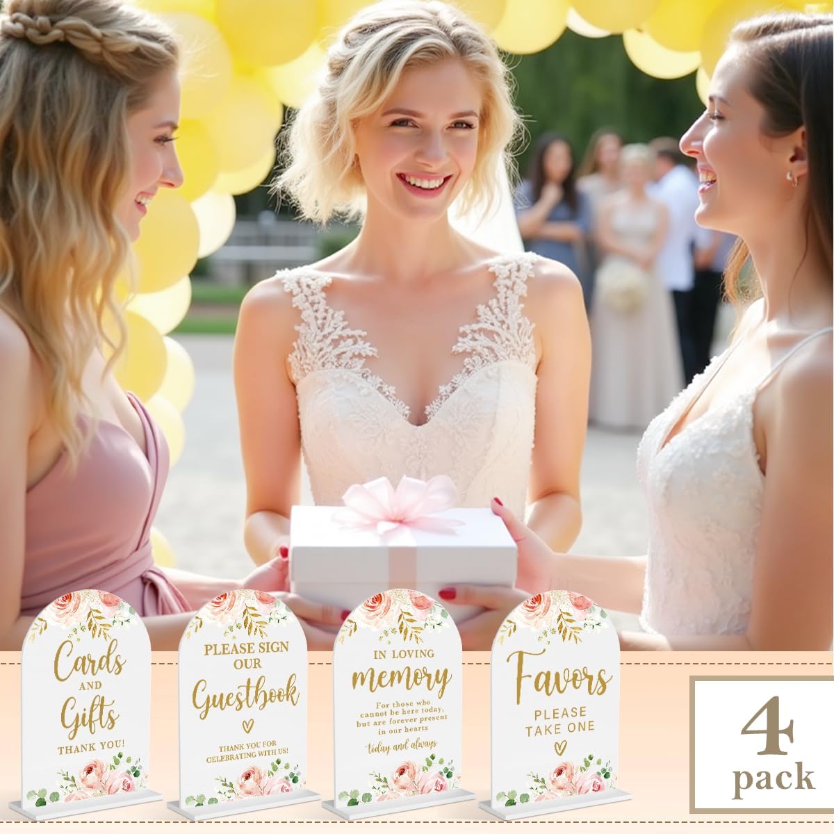 4 Pcs Acrylic Wedding Signs for Reception, Bridal Shower Decorations, Cards and Gifts Signs, Guest