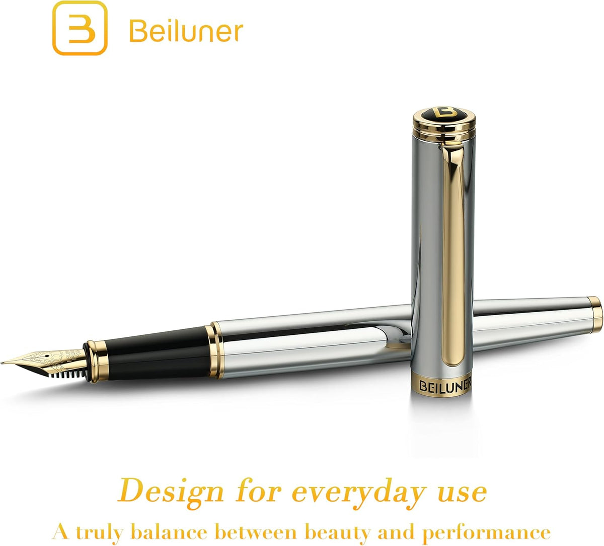 BEILUNER Silver Chrome Fountain Pen,Stunning Luxury with 24K Gold Accents, Gorgeous 24K Gilded