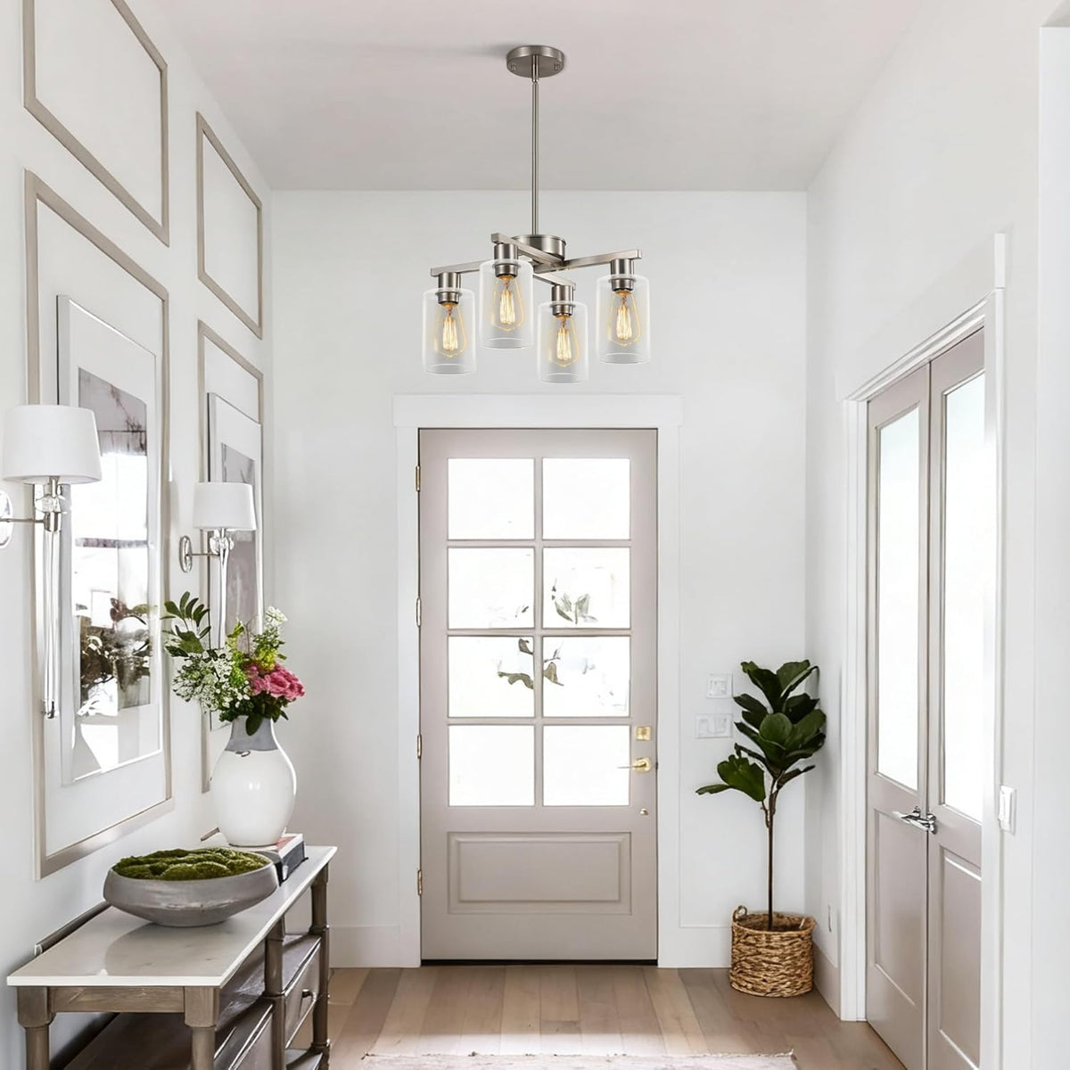 4-Light Modern Farmhouse Brushed Nickel Chandelier, Dining Room Light Fixture Over Table Adjustable