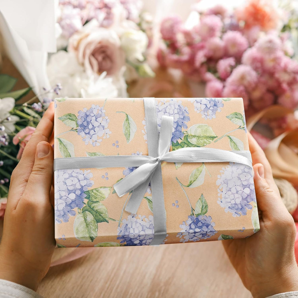 RUSPEPA 30" X 32.8' Hydrangea Wrapping Paper Large Kraft Paper Roll, Jumbo Roll, Purple Floral