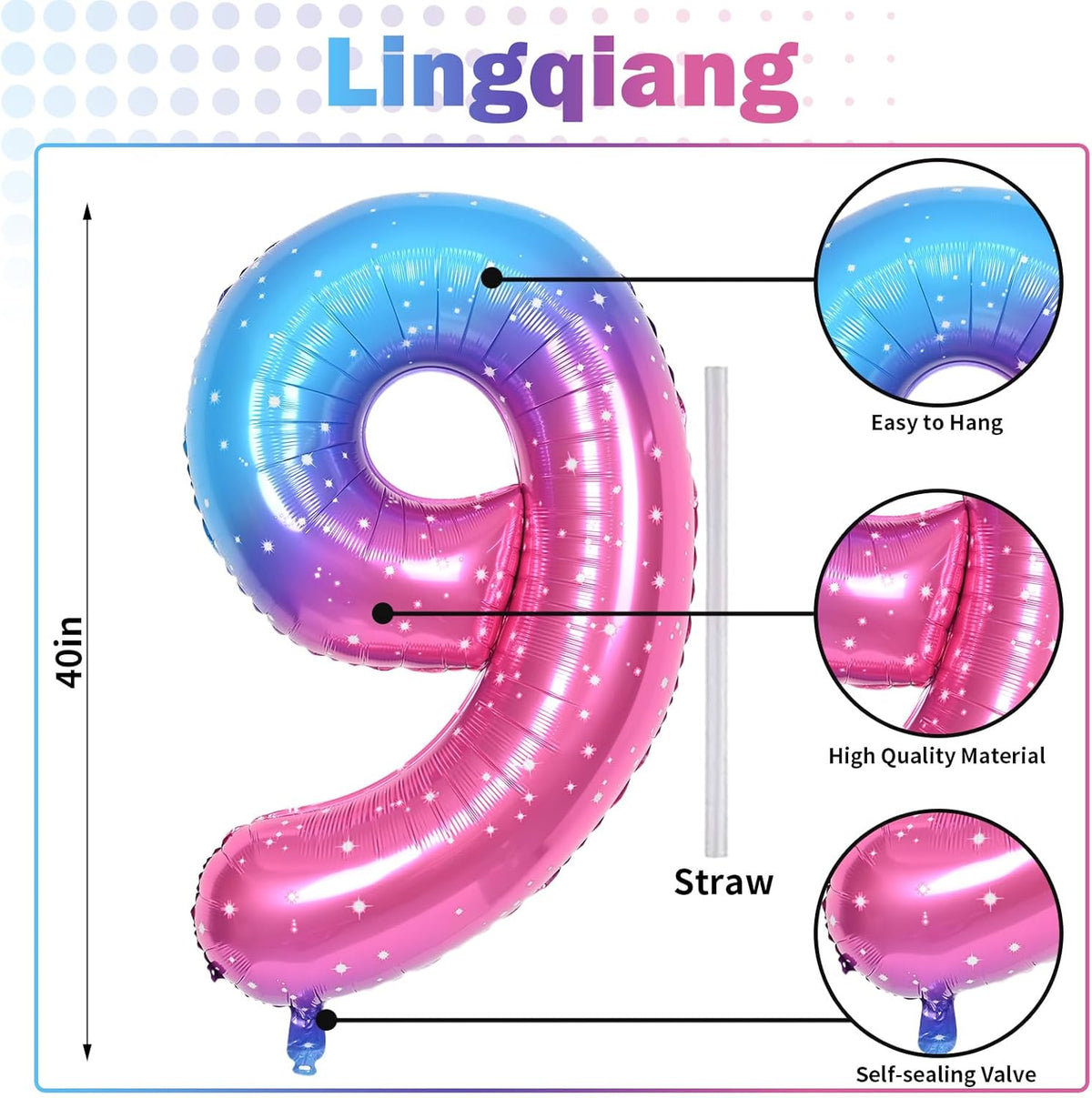 40 Inch Rainbow Gradient Balloon Number 9 Beige, Large Blue Pink Purple Foil Number Balloons Set