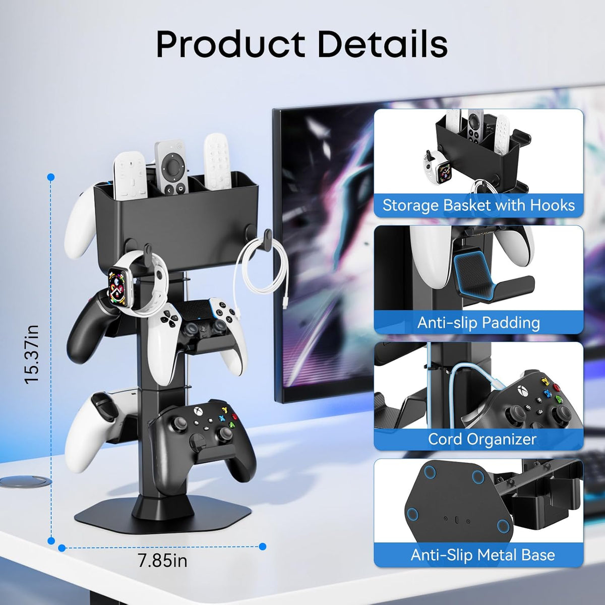 Controller Holder with Remote Control Storage Box, Headset and Controller Stand for Desk, Headphone