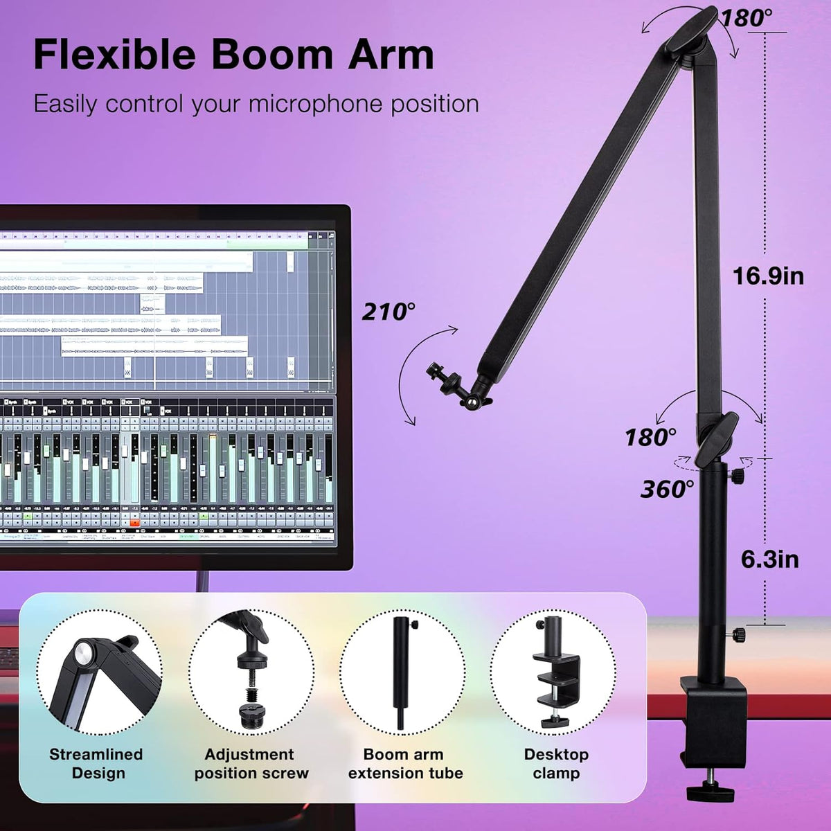 Boom Arm with RGB Light - Mic Arm for HyperX QuadCast, Blue Yeti, Shure SM7B, Rode and Most Gaming