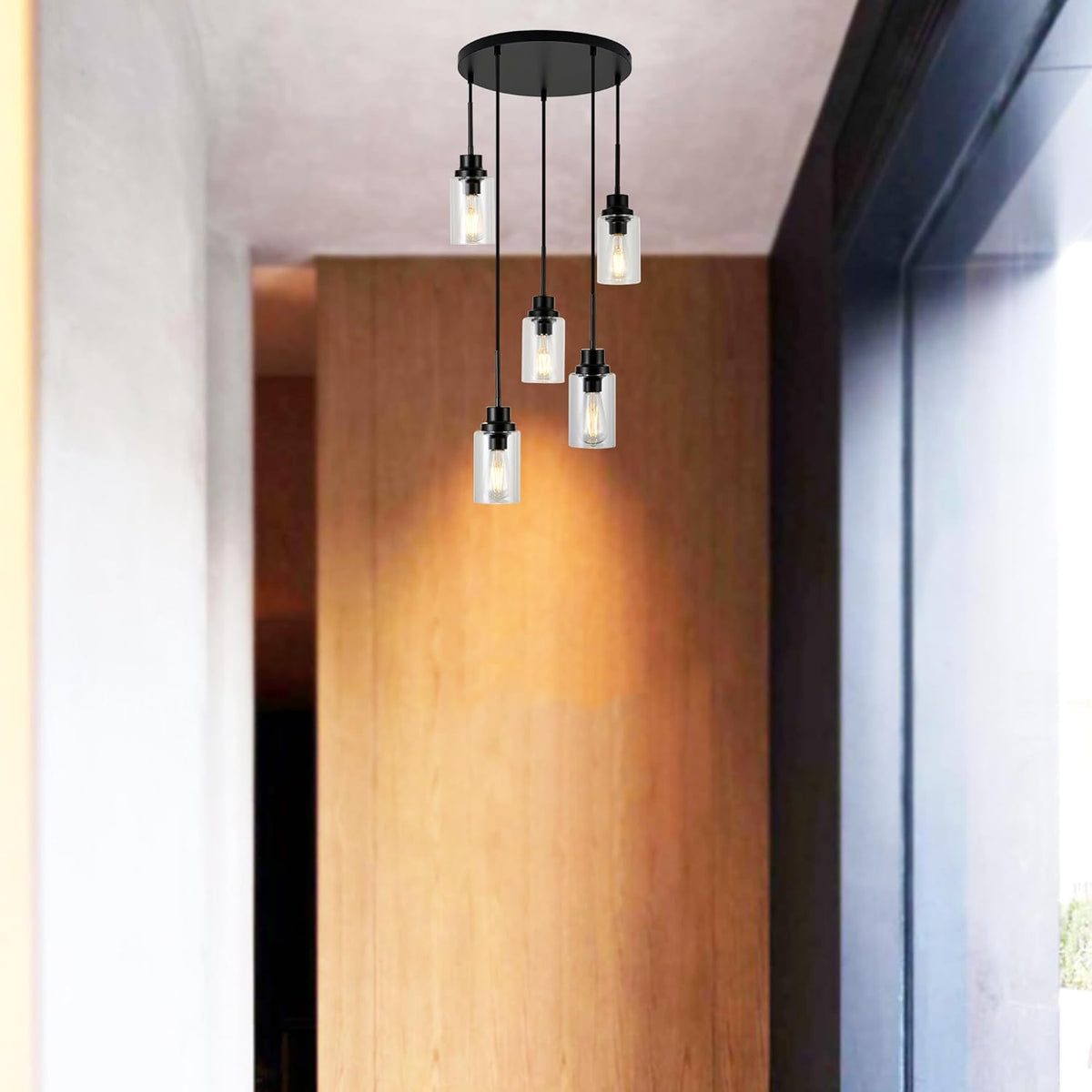 5-Light Kitchen Island Dimmable Pendant Lights with Clear Glass Shade, Black Finish for Dinning