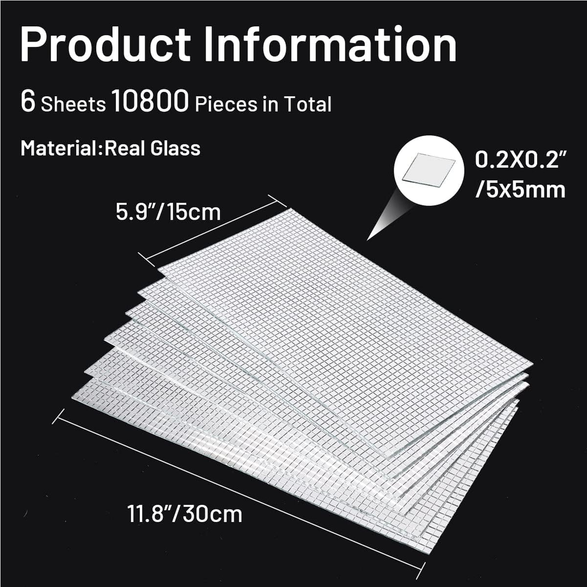 PP OPOUNT 10800 PCS Disco Tiles, 5 x 5 mm Self-Adhesive Glass Mirror Tiles for Craft Decoration