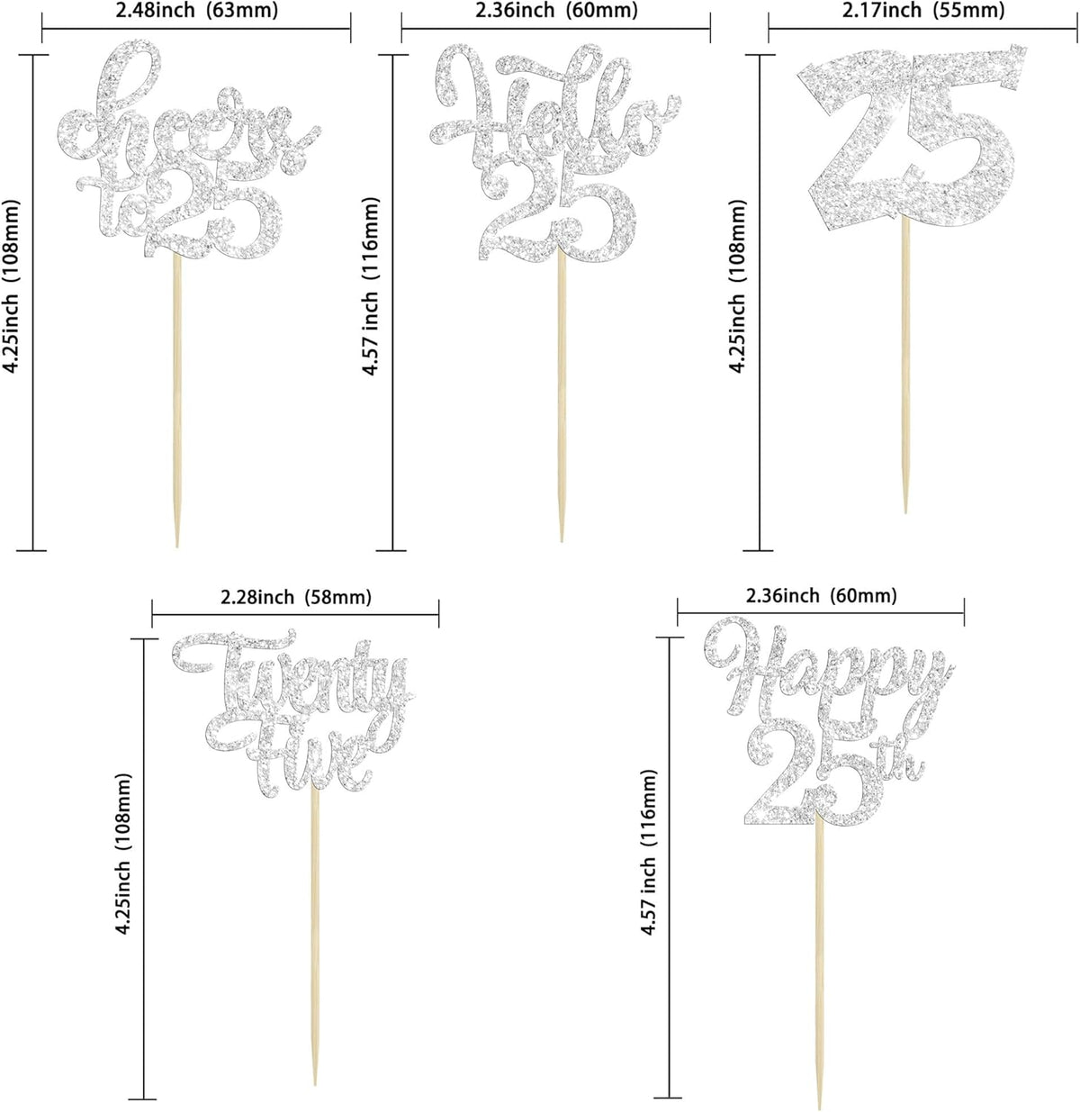 30pcs 25th Birthday Cupcake Toppers - Silver Glitter Cheers to 25 Years Old Cake Decorations for