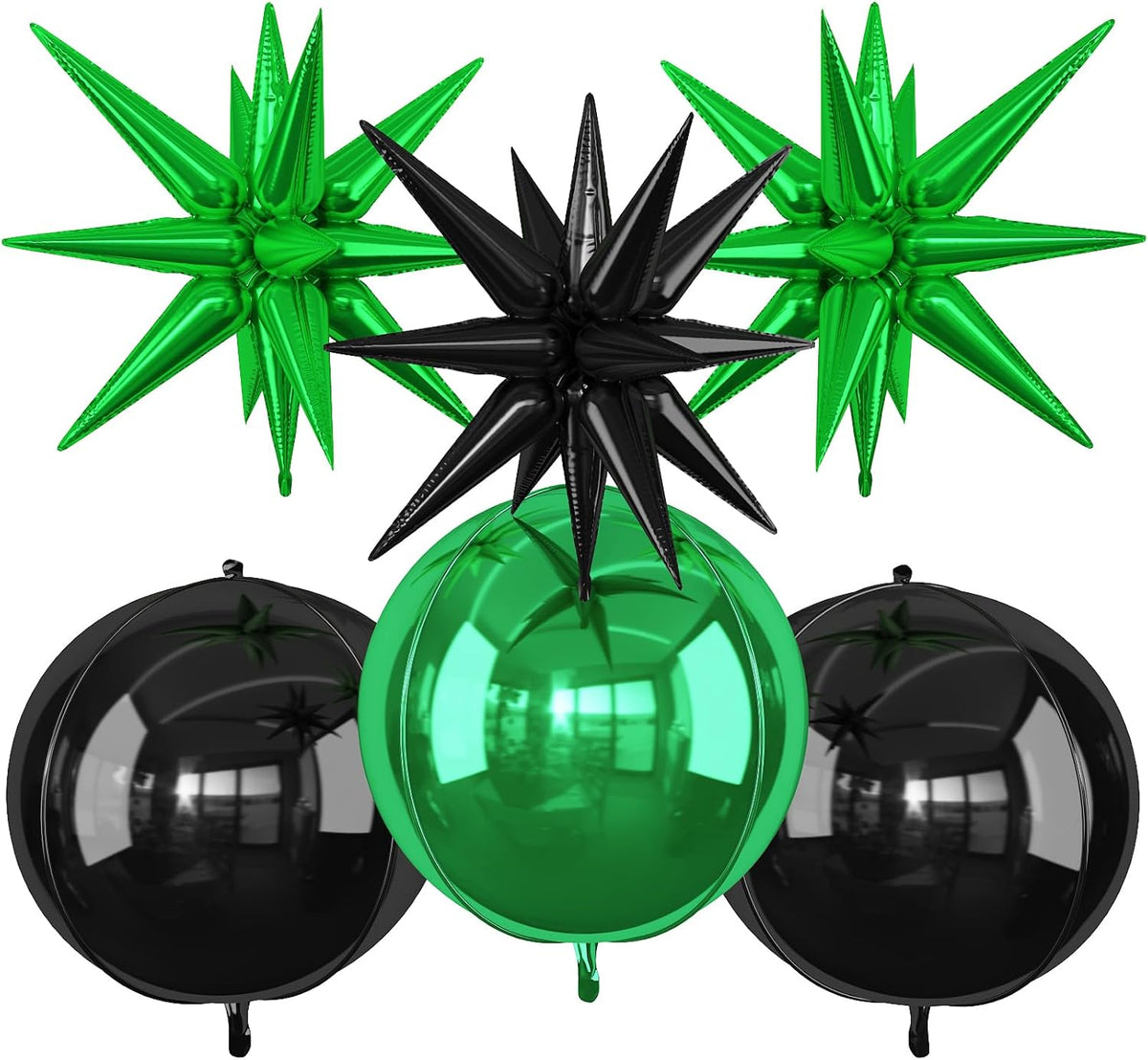 6Pcs Black Green Foil Balloons,22Inch Black Green 4D Round Ball Balloon and Explosion Star Balloon