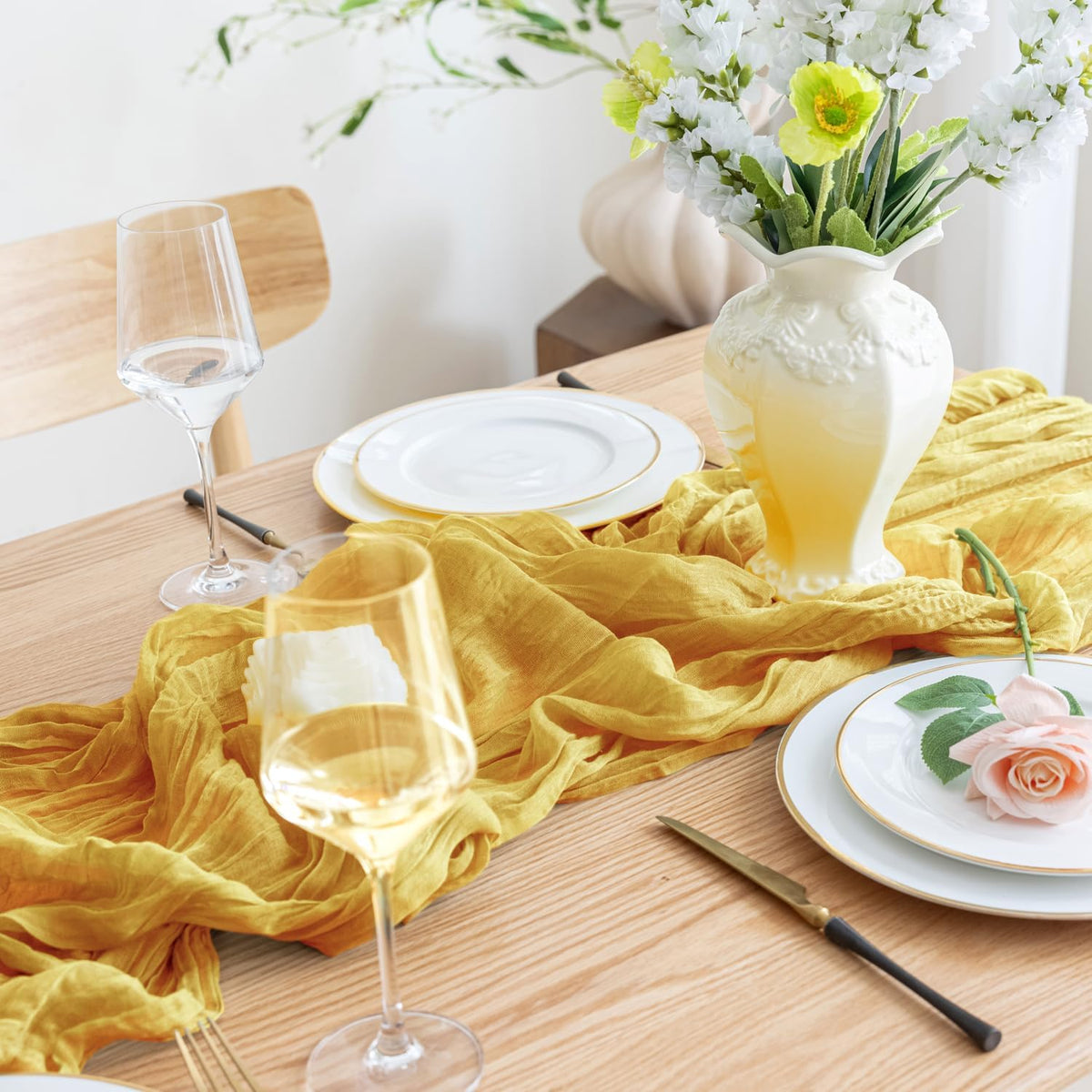 Asee'm 2pcs Cheesecloth Table Runner 120 Inches Long Gold Boho Gauze Cheese Cloth Runner 10FT