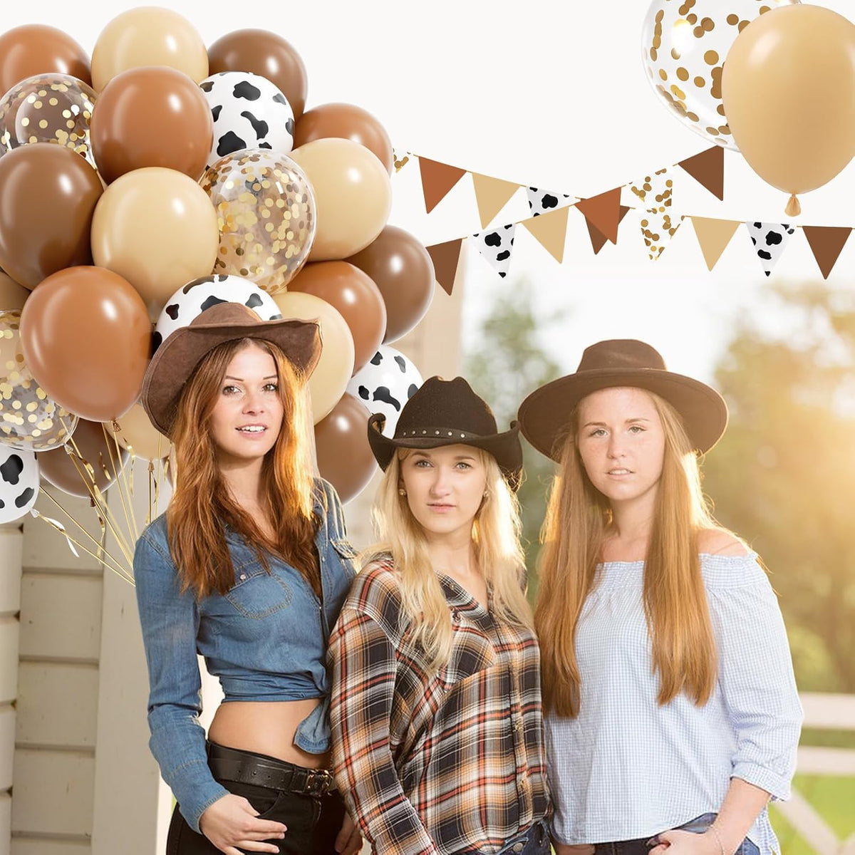 Brown Western Balloons, Brown Nude Gold Confetti Cow Print Latex Cowboy Balloons for Farm Cowboy