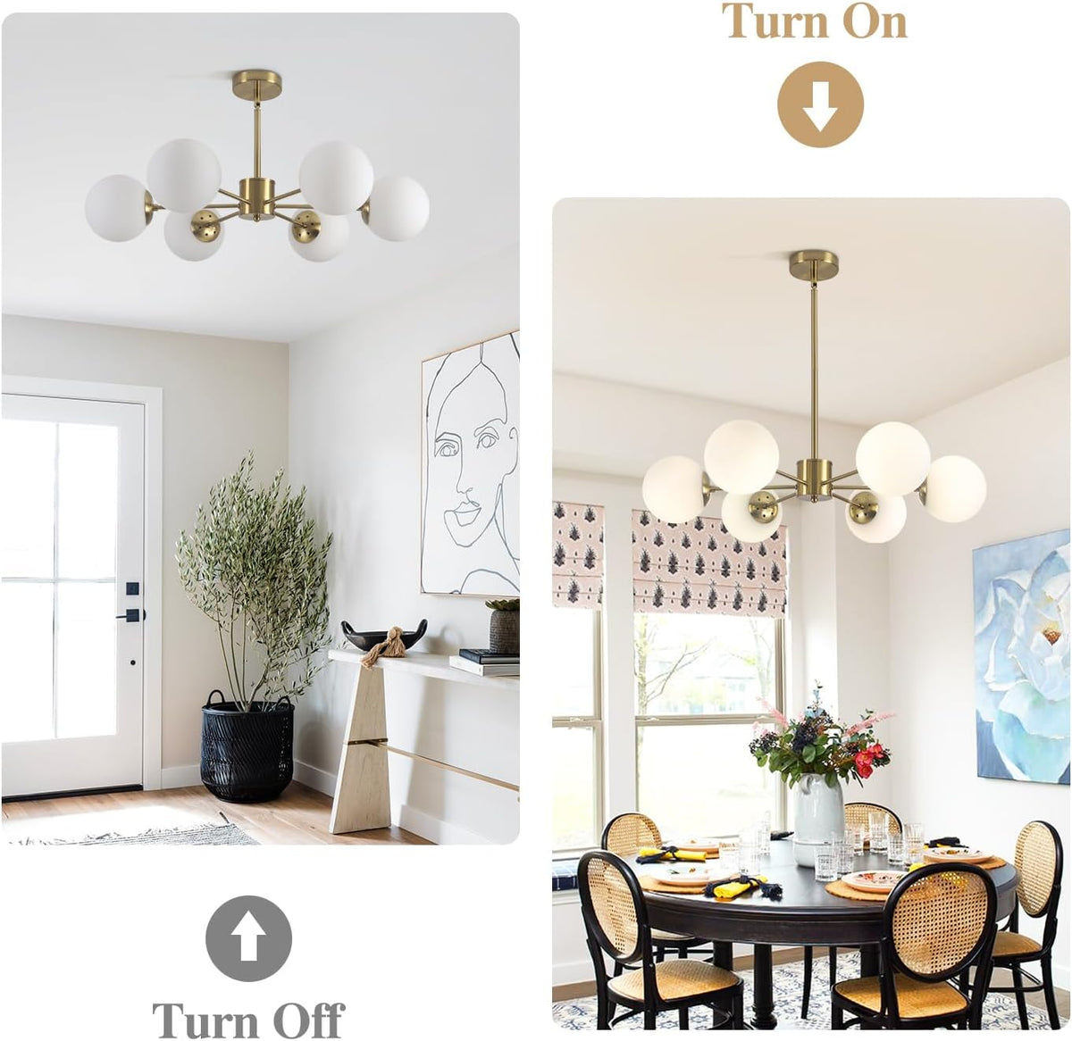 KCO 6-Light Globe Sputnik Chandelier Milk Glass Modern Gold Chandelier Light Fixture Mid Century