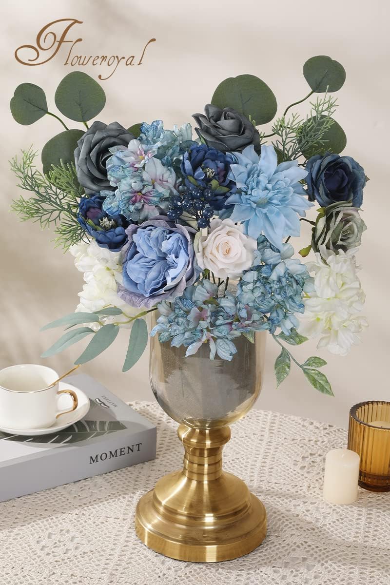 Floweroyal Artificial Flowers Combo Dusty Blue Flowers Mix Silk Flowers Dahlia Roses with Stems for
