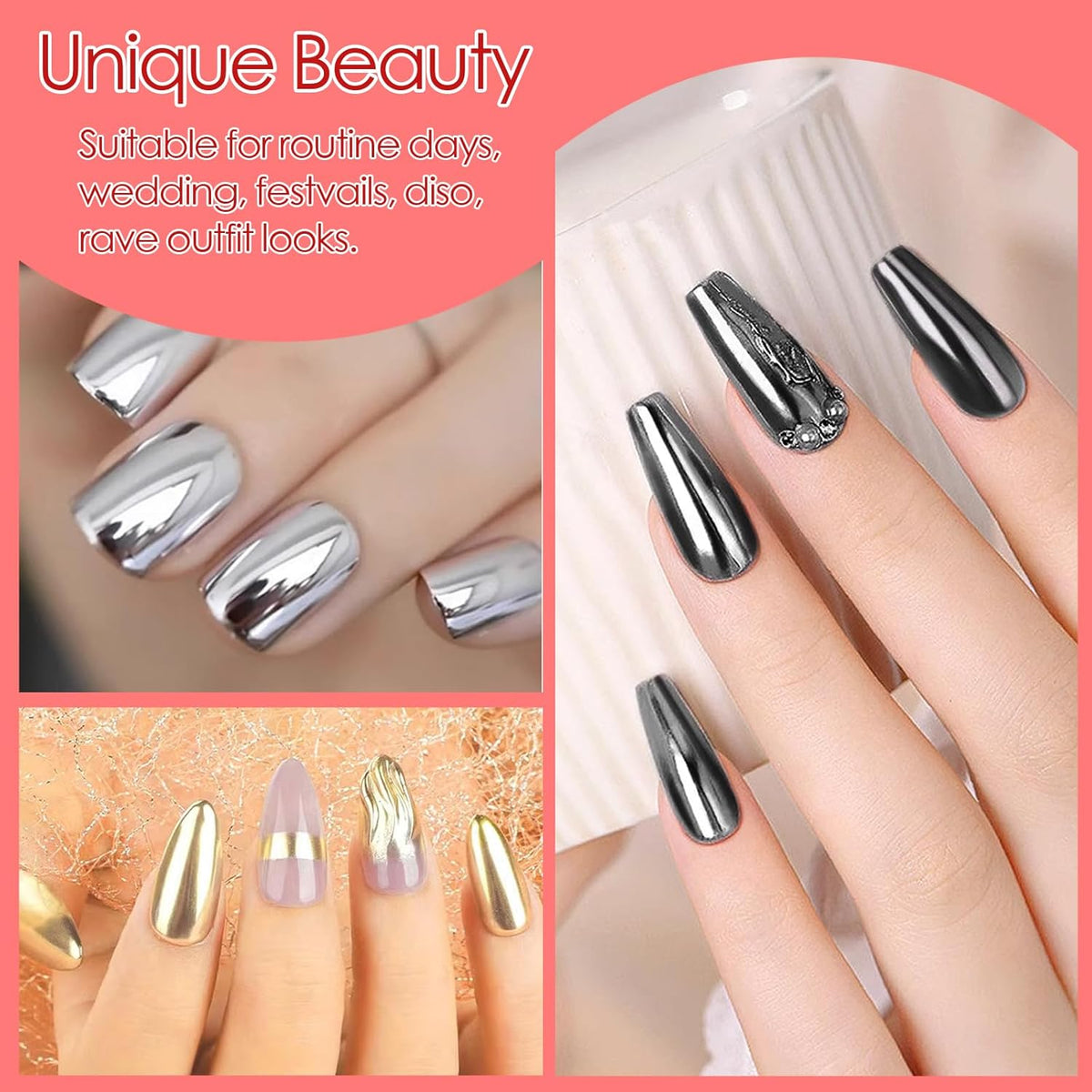Allstarry Chrome Nail Powder, Metallic Mirror Effect Pigment Chrome Holographic Nail Glitter Magic