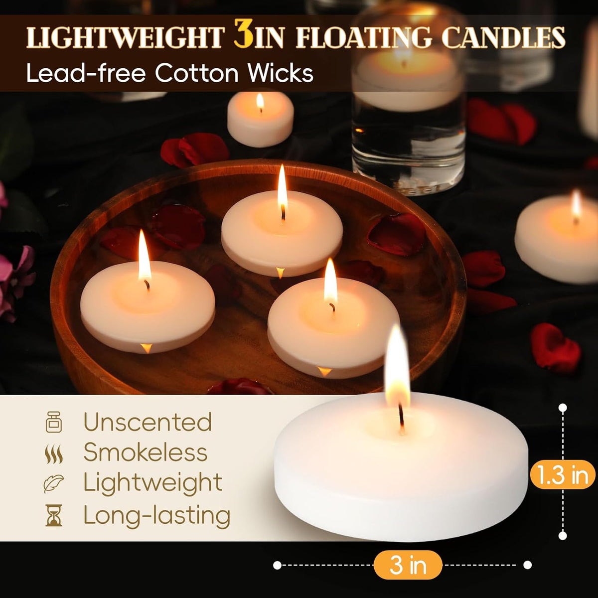 3 inch White Floating Candles, 48 Pack Unscented Floating Candle,8-9 Hours Burning Floating Candles