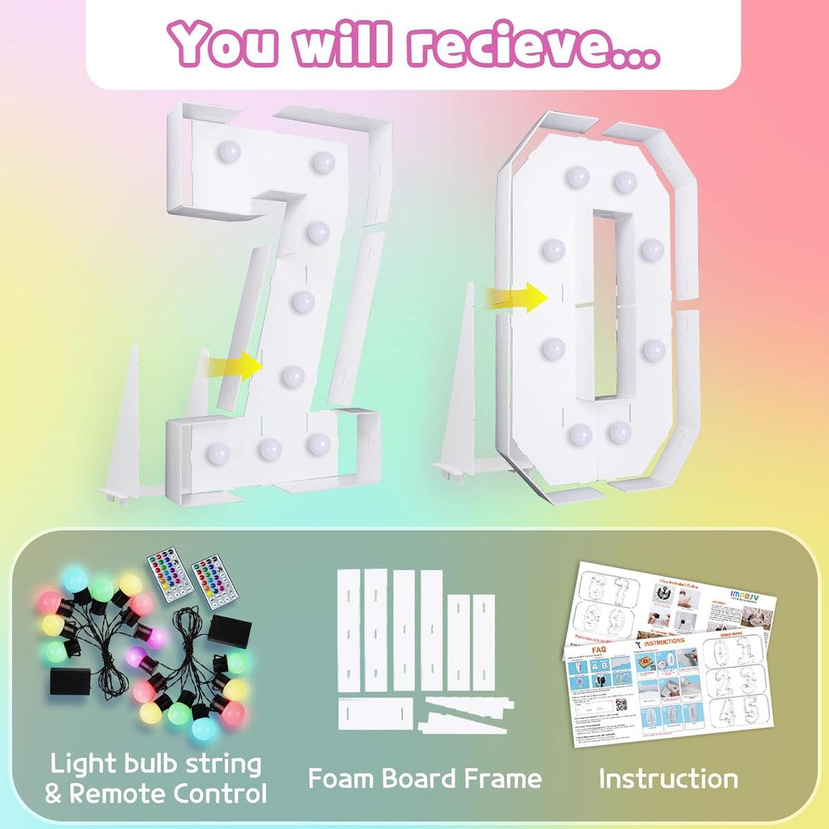 Marquee Numbers 70th-Birthday Decoration: Colorful 4FT Large Light Up 70 Year Old Birthday