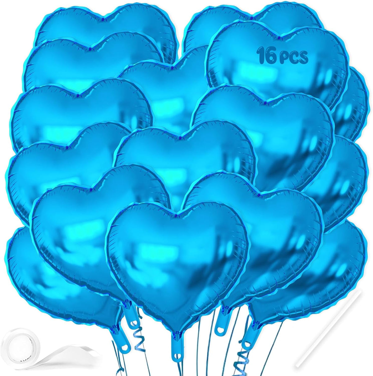 16 Pcs Heart Balloons, 18 Inch Blue Love Heart Shaped Foil Balloons for Wedding Anniversary