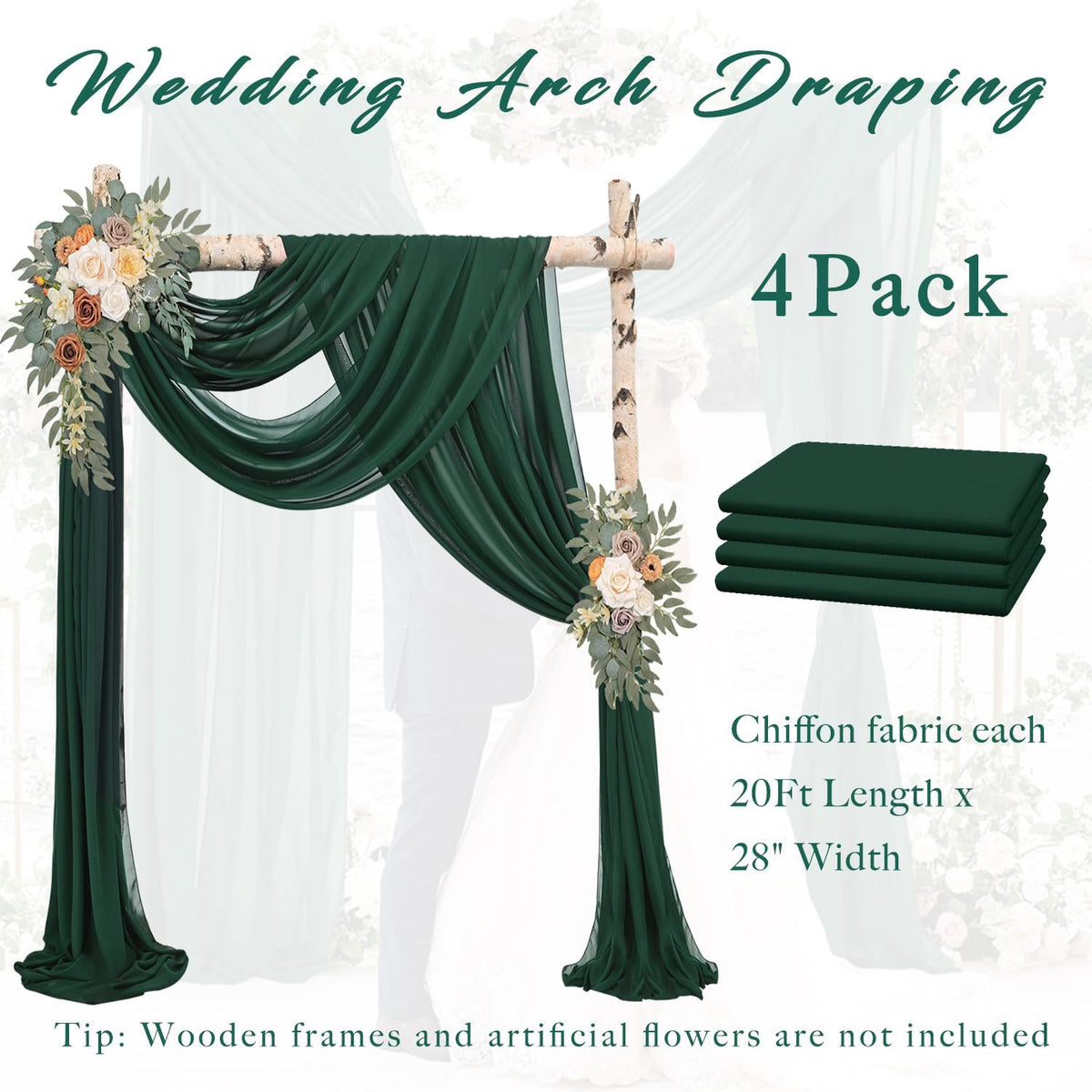 Emerald Green 4 Panels Wedding Arch Draping Fabric 20Ft Length x 28" Width Arch Drapes Chiffon