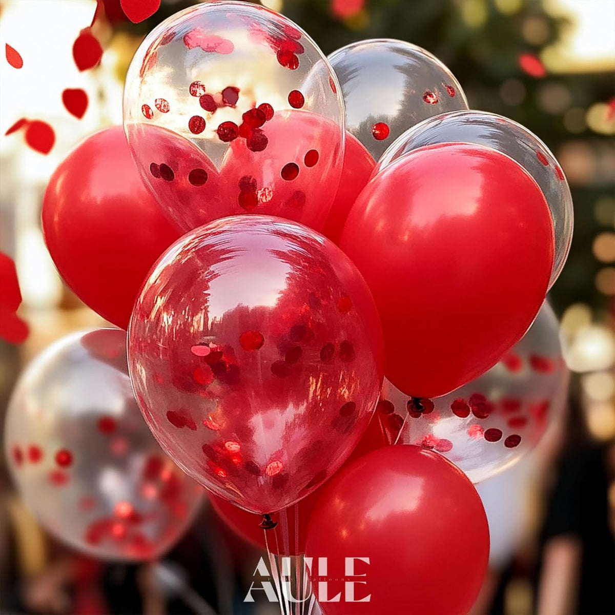 AULE Party Balloons Pack of 42-12in Red Confetti Balloons & Red Latex Balloons and 64ft Ribbons