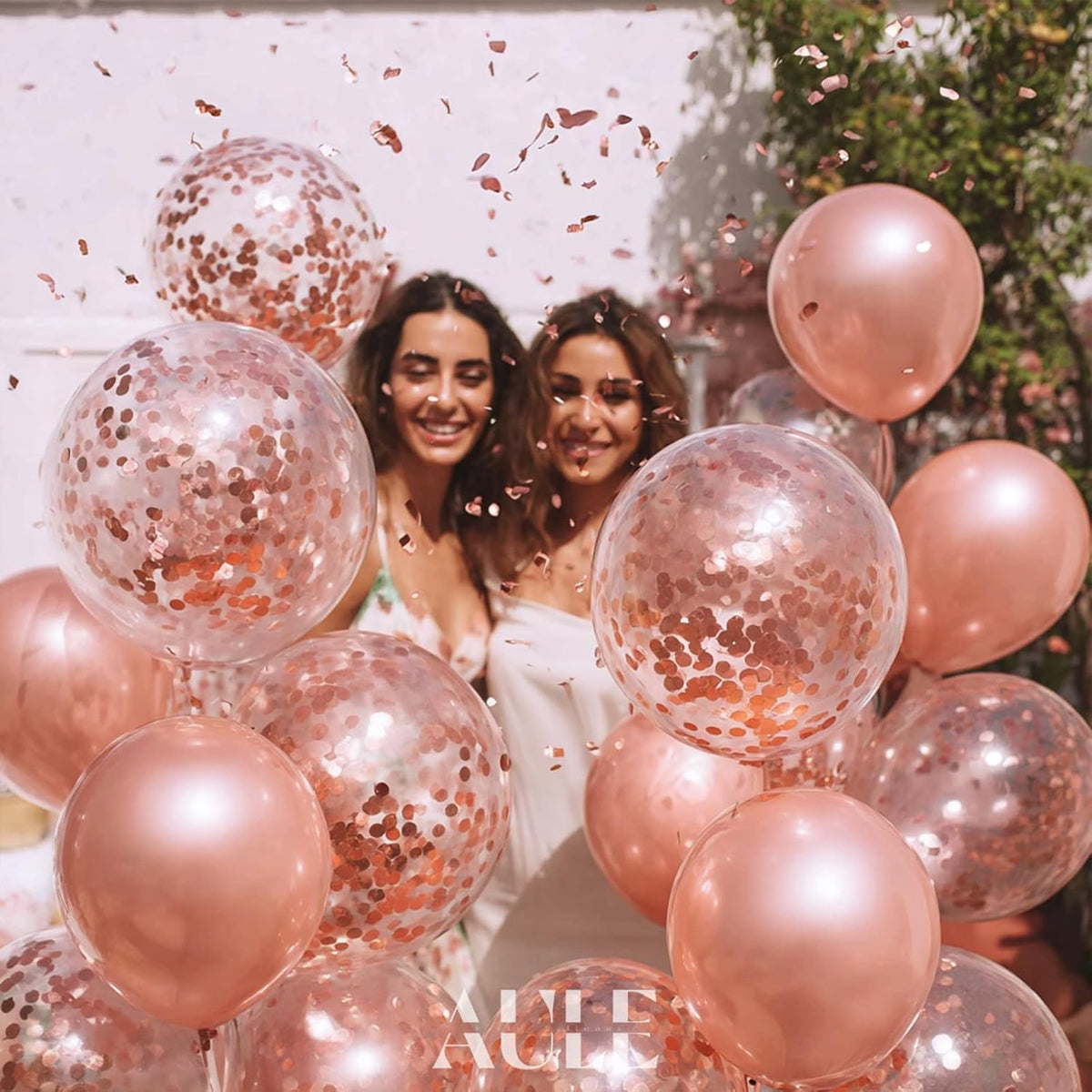 AULE Party Balloons Pack of 42 - Metallic Chrome Rose Gold Balloons and Rose Gold Confetti Latex