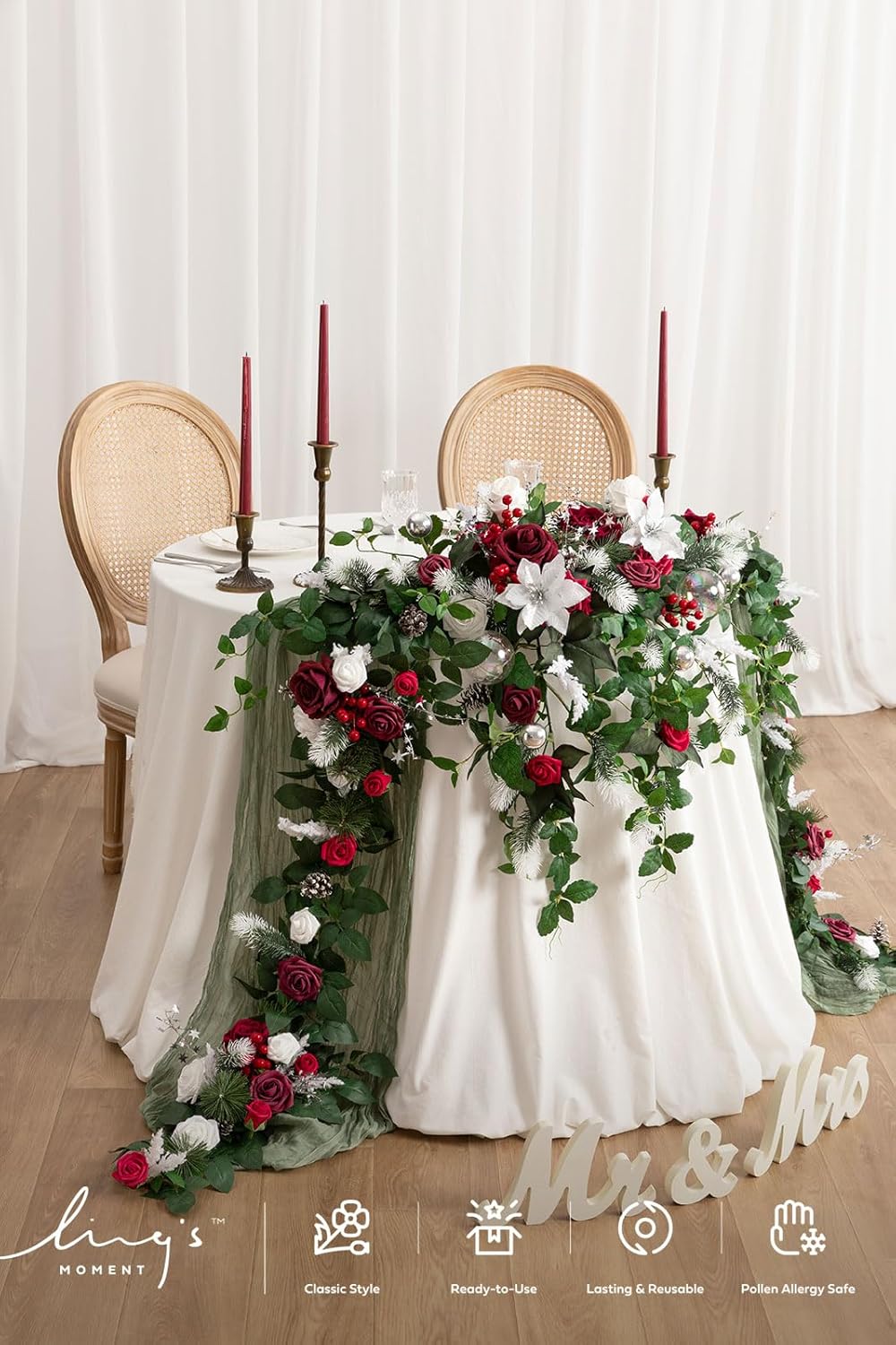 Ling's moment 9FT Eucalyptus and Willow Leaf Garland with White Flower, Handcrafted Wedding