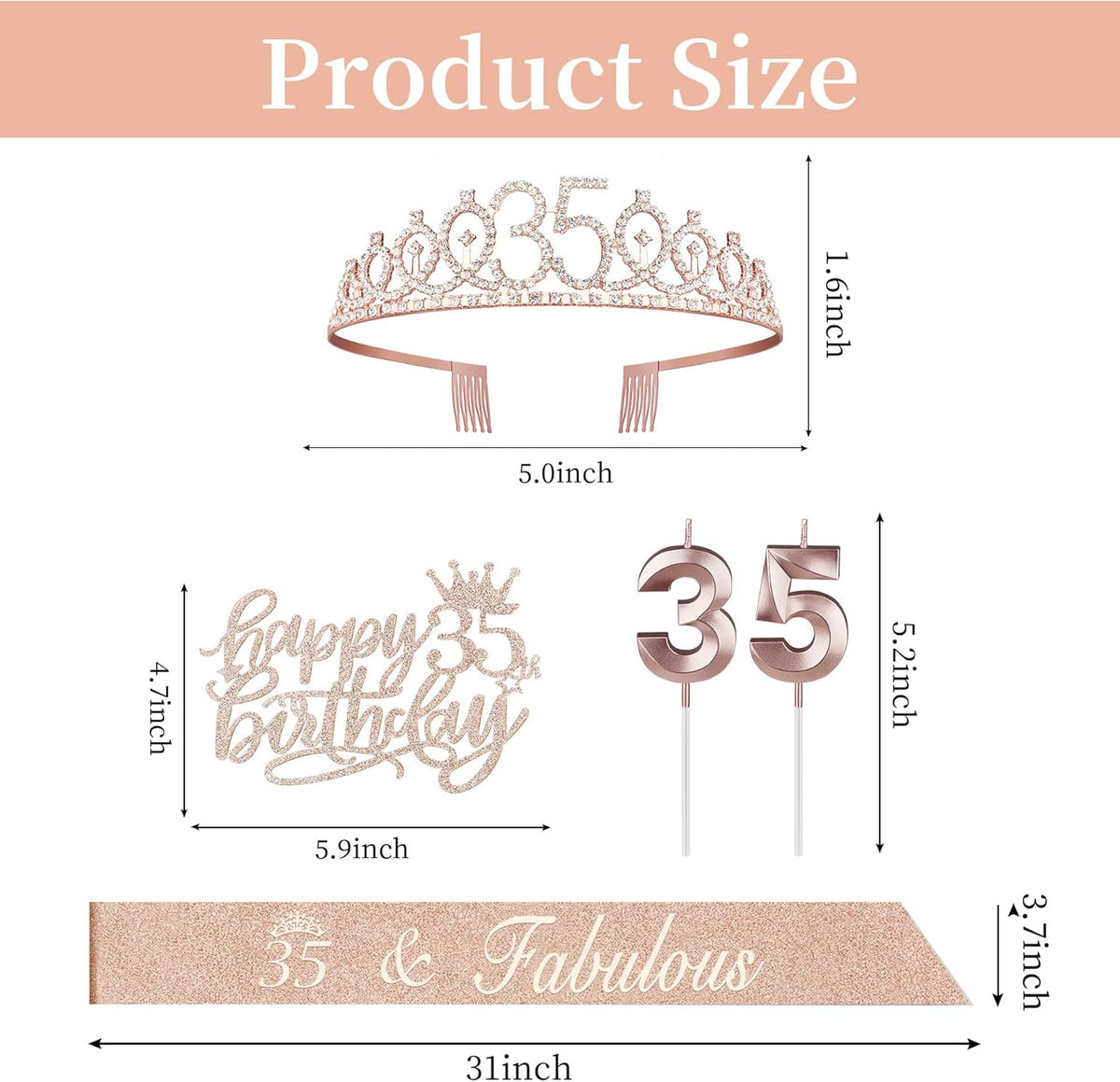 35th Birthday Decorations for Women Including Sash, Tiara/Crown, Numeral Candles and Cake Topper